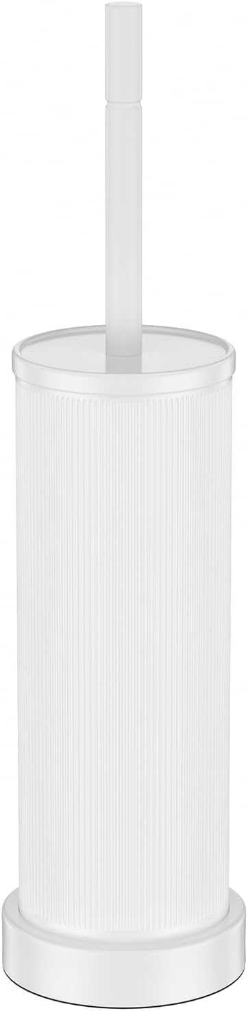 Metal Vertical Grain Toilet Bowl Brush and Holder Set Scrubber White | Extra Long Handle with Splash Guard Cover, Bathroom Space-Saving, Heavy Durable Deep Cleaning, Cleaner Sets for Apartments