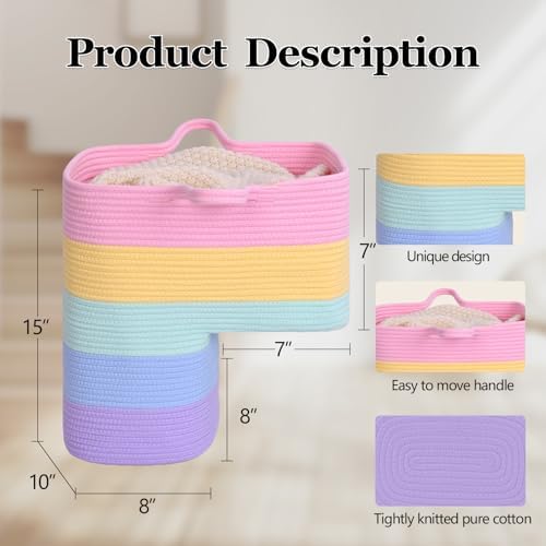 Stair Basket for Wooden & Carpeted Stairs, Foldable Cotton Rope Step Basket with Handles, Staircase Storage Organizer, Fog Grey, 15" Lx 10" W x 15" H