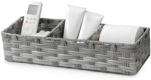 Toilet Tank Topper Paper Basket Multiuse Hand Woven Plastic Wicker Basket Bins with Divider for Shelves Rustic Farmhouse Bathroom Decor Countertop Organizer Storage