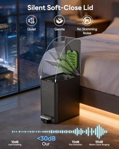 6L/1.6G Slim Bathroom Trash Can, Narrow Stainless Steel Soft-Close Step Pedal Bin with Lid, Odor -free Carbon Box, Removable Inner Bucket, Matte Small Waste Bin for Bedroom, Office, RV(Black)