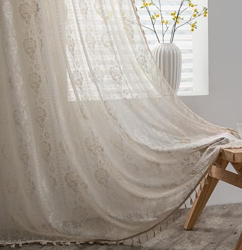 Sutuo Home Beige Boho Curtains for Bedroom Kid's Room,Bohemian Crochet Floral Embroidery Sheer Lace Curtains With Tassels Vintage Rustic Window Treatment Country Drape Rod Pocket 1 Panel 59" W x 90" L