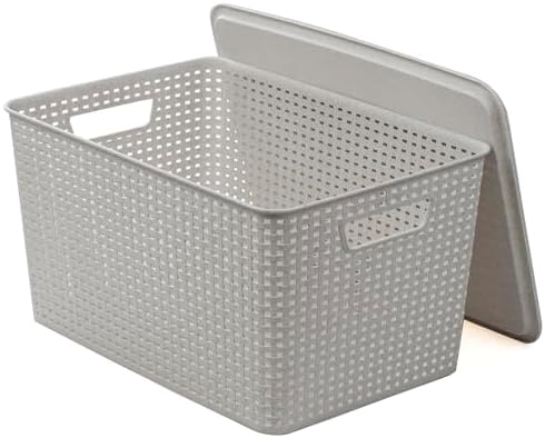 BINO | Plastic Storage Baskets with Lids, 22 Liter - 3 Pack, Natural Grey | THE WOVEN COLLECTION | Storage Basket for Shelves | Woven Storage Baskets for Organizing Bins | Pantry Shelf Organizer Bin