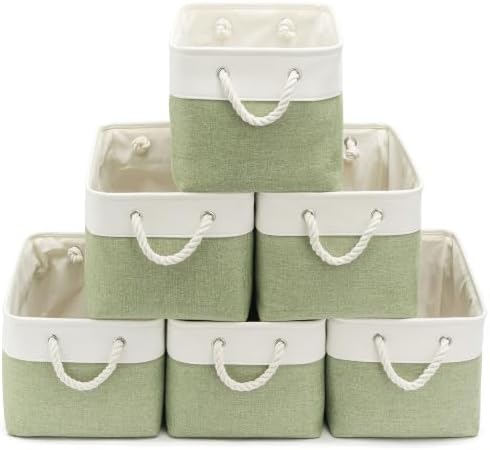 15x11x10 In Foldable Fabric Large Storage Bins with Handle 6 Pack | Organizer Baskets, Sturdy Metal Strand, Cardboard Support Molding, Storage Baskets for Shelves, Closet, Bedroom, White/Green