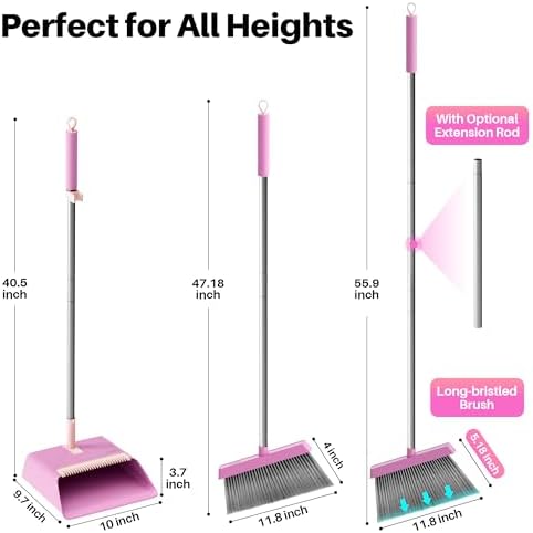 JOYMOOP Pink Broom and Dustpan Set, Upright Angle with Built-in Comb Teeth for Kitchen, Lobby, Pet Hair and Hard Floors