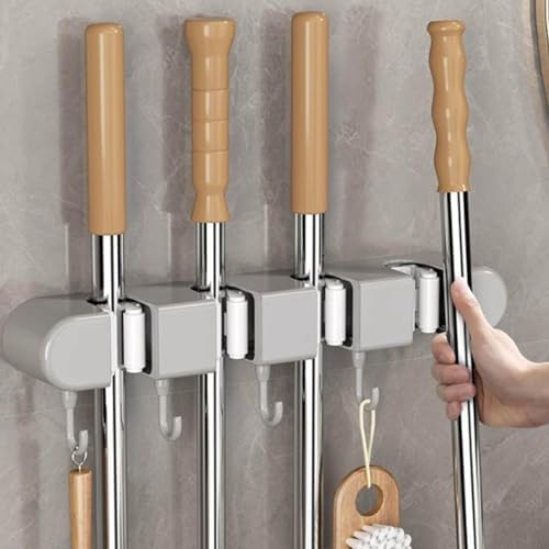 Wall Mounted Mop and Broom Holder, 4 Racks And 5 Hooks Vacuum Suction Cup Mop Holder, Stainless Steel & ABS Organizer for Kitchen, Bathroom, Garage, Laundry Room (Black)