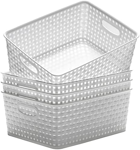 Eslite Plastic Storage Baskets for Organizing,11"X8.5"X4.7",Pack of 4 (White)