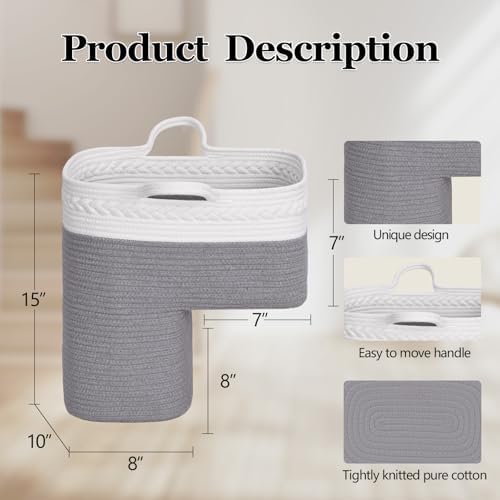 Stair Basket for Wooden & Carpeted Stairs, Foldable Cotton Rope Step Basket with Handles, Staircase Storage Organizer, Fog Grey, 15" Lx 10" W x 15" H