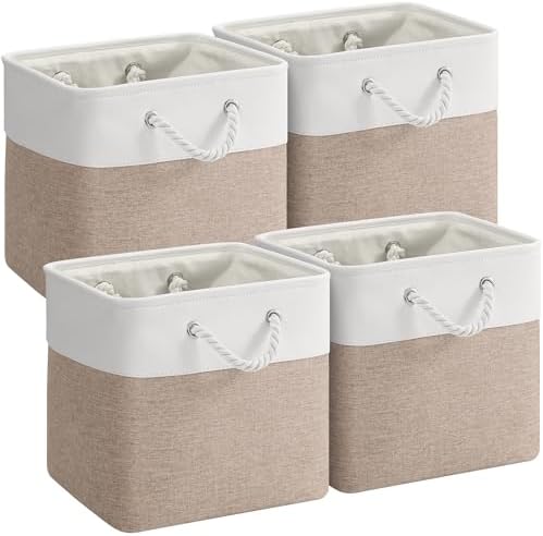 12x12 Inch Foldable Fabric Cube Storage Bins with Handles 4 Pack | Sturdy Metal Strand, Cardboard Support Molding, Storage Basket, Cube Storage Bin for Shelves, Closet, Bedroom, White/Khaki