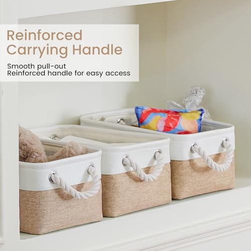 11.8x7.9x5.2 Inch Fabric Small Storage Bins with Handles 6 Pack | Foldable Storage Basket, Sturdy Metal Strand, Cardboard Support Molding, Small Baskets for Organizing, Shelves, White/Khaki