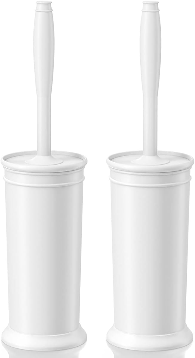 Toilet Brush and Holder 2 Pack, Toilet Bowl Brush with Extra Long Handle, Toilet Scrubber and Covered Holder, Toilet Brushes for Bathroom-Space Saving, Covered Brush, Durable, Deep Cleaning(White)