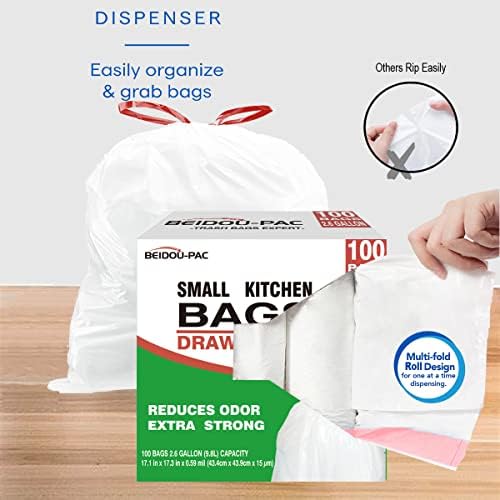 BEIDOU-PAC Trash Bags 2.6 Gallon Drawstring, 100 Count, Multifold Roll Garbage Bags, Small Kitchen Trash Bags, Odorless & Extra Thick White Plastic Food Scrap Bag for Home Office Bathroom Kitchen Bins
