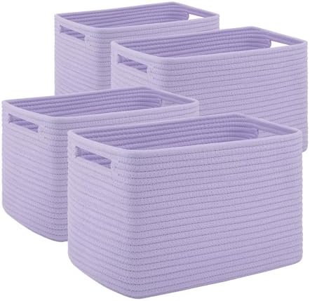 4 Pack Storage Baskets for Organizing Toys, Towels, and Clothes, Woven Basket for Shelves, Sturdy Nursery Cube Bins for Storage, 13''L x9''W x7.8''H, Purple