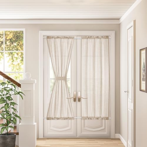 2 Pieces French Door Curtain Linen W35 x L72 Dual Rod Pocket Privacy | Semi Sheer Light Filtering Curtains, for Kitchen Dining Room, French Door, with Tieback, Light Coffee, Farmhouse Rustic