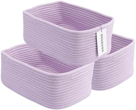 XUANGUO Small Woven Storage Baskets for Shelves, 12" x 8" x 5", Purple | Decorative rope storage bins for closets and toy storage; cute organizer baskets, empty gift baskets and nursery storage.