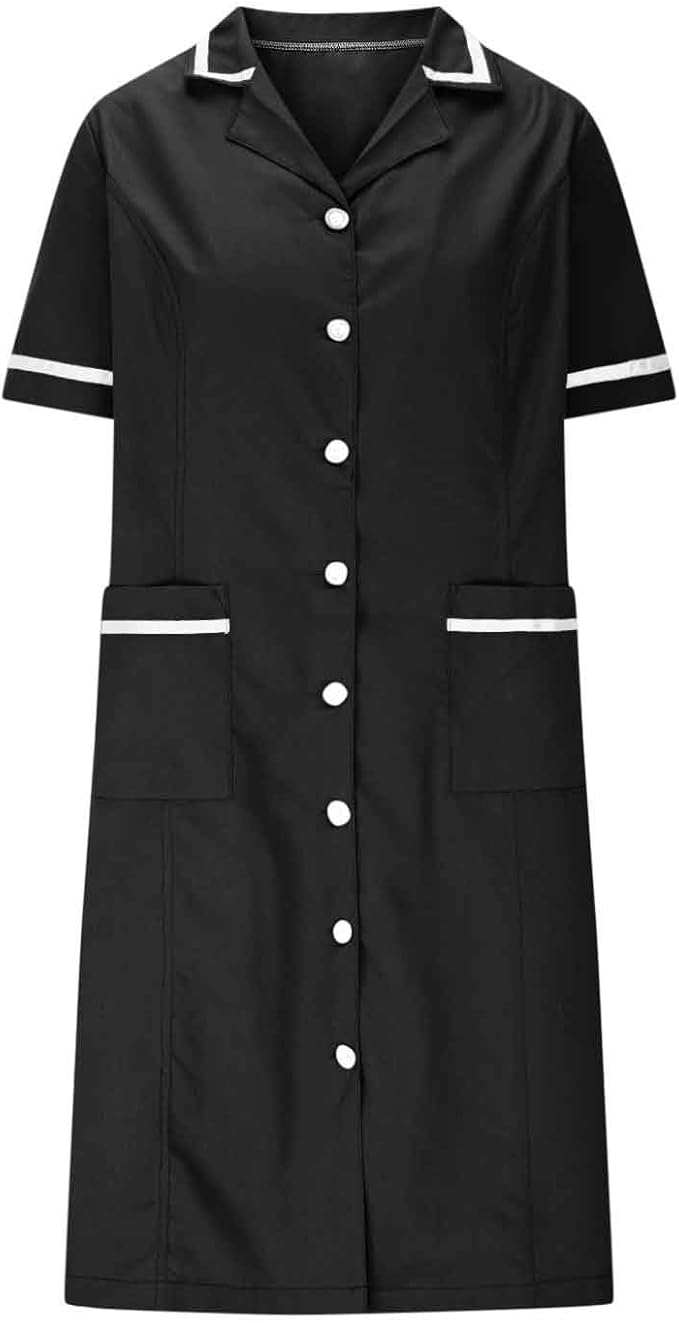 Women's Short Sleeve Work Dress Lapel Button Front Nursing Workwear Casual Housekeeping Scrubs Dress with Pockets