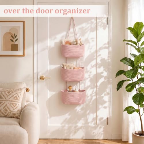 TeoKJ Over the Door Hanging Basket, 3-Tier Woven Cotton Wall-Mounted Storage Organizer Bag Decorative Hanging Nursery Baskets, Pink