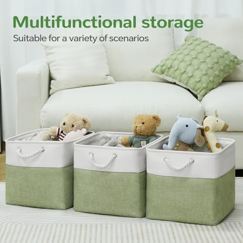 13x13 Inch Foldable Fabric Cube Storage Bins with Handles 6 Pack | Sturdy Metal Strand, Cardboard Support Molding, Storage Basket, Cube Storage Bin for Shelves, Closet, Bedroom, White/Green