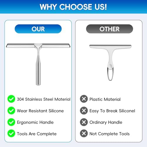 10 Inch Stainless Steel Shower Squeegee with Hook for Glass, Mirror | Durable wiper suitable for shower walls, shower doors and car window cleaning