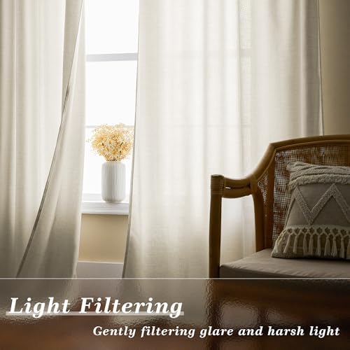 Natural Linen Curtains 86 Inches Long 2 Panels Rod Pocket Hook Belt | for Living Room Bedroom, Cream, Linen Drapes, Boho Neutral, Light Filtering Semi Sheer, Window Curtain, 86 Inch Length