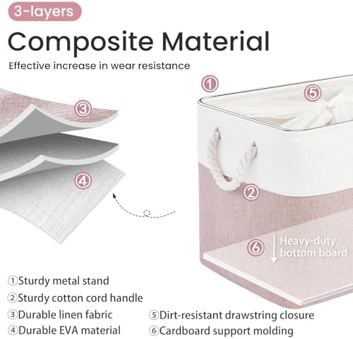 16x12x12 In Foldable Fabric Large Storage Bins with Handle 3 Pack | Storage Basket with Draw String Top, Sturdy Metal Strand, Cardboard Support Molding, for Shelf, Closet, Bedroom, White/Pink