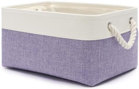 13.8x9.8x6.7 Inch Fabric Small Storage Bins with Handles 1 Pack | Foldable Storage Basket, Sturdy Metal Strand, Cardboard Support Molding, Small Baskets for Organizing, Shelves, White/Purple