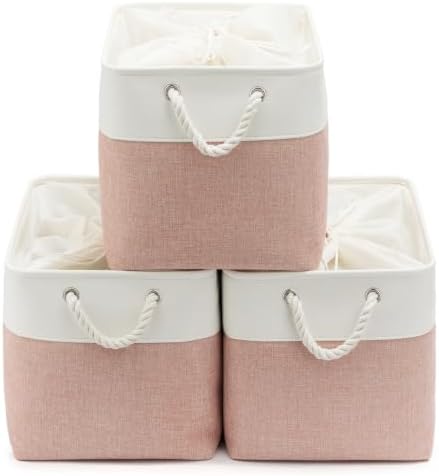 16x12x12 In Foldable Fabric Large Storage Bins with Handle 3 Pack | Storage Basket with Draw String Top, Sturdy Metal Strand, Cardboard Support Molding, for Shelf, Closet, Bedroom, White/Pink