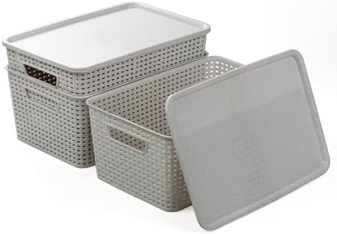 BINO | Plastic Storage Baskets with Lids, 15.5 Liter - 3 Pack, Natural Grey | THE WOVEN COLLECTION | Storage Basket for Shelves | Woven Storage Baskets for Organizing Bins | Pantry Shelf Organizer Bin