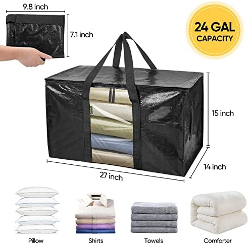 BALEINE 4-Pack Oversized Moving Bags with Reinforced Handles, Heavy-Duty Storage Tote Moving Supplies for Packaging, Camping (Black w/Window, 4-Pack)
