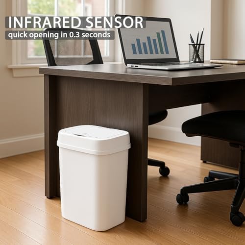 Touchless Motion Sensor Trash Can with Lid, Automatic Infrared Garbage Bin, Narrow Rectangular Bathroom Kitchen Bedroom Office Waste Basket, Soft Close Quiet Seal, Removable Inner Ring (White)