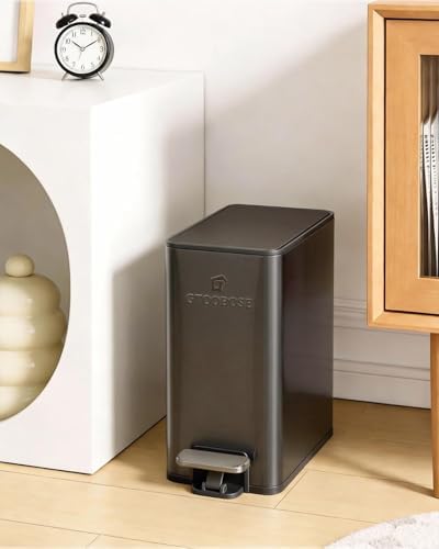 6L/1.6G Slim Bathroom Trash Can, Narrow Stainless Steel Soft-Close Pedal Bin with Lid, Odor-free Carbon Box, Removable Inner Bucket, Modern Metal Waste Bin for Bedroom, Office (Titanium Gray)
