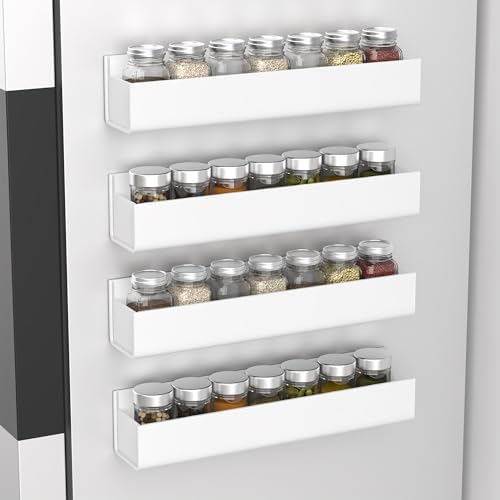 PMMASTO 4-Pack White Acrylic Spice Rack Organizers for Cabinet Doors | Nano Double-Sided Tape or Screw Mounting, for Cabinet and Pantry Doors, Stores Spices, Bathroom Supplies and Small Items