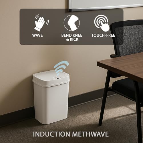 Touchless Motion Sensor Trash Can with Lid, Automatic Infrared Garbage Bin, Narrow Rectangular Bathroom Kitchen Bedroom Office Waste Basket, Soft Close Quiet Seal, Removable Inner Ring (White)