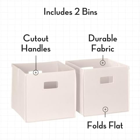 RiverRidge Folding Storage Bins - 2-pack of 10in Tall Cream Cubes | Fabric Bins, Set of 2 Storage Cubes, Cut-out Handles, Playroom Closet Organizer, Collapsible Cubby with Bottom Board Insert