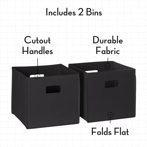 RiverRidge Folding Storage Bins - 2-pack of 10in Tall Black Cubes | Fabric Bins, Set of 2 Storage Cubes, Cut-out Handles, Playroom Closet Organizer, Collapsible Cubby with Bottom Board Insert