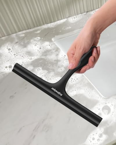Shower Squeegee for Glass Doors, 10 in Squeegee for Shower with Hook, Black | Rust-Proof, Streak Free, Ergonomic Grip, Silicone Shower Glass Squeegee for Tile Walls, Window, Mirror, Car, Bathroom Cleaner
