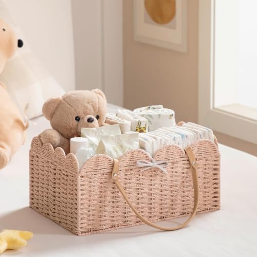 HBlife Baby Diaper Caddy, Paper Rope Storage Baskets Nursery Bin with Removable Divider, Portable Car Organizer for Diapers, Baby Shower Gifts, Newborn Essentials Must Haves