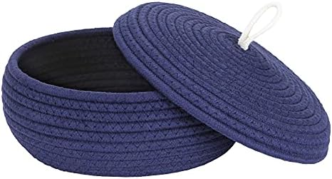 Sea Team Round Woven Cotton Rope Storage Basket with Lid, Navy | Lidded Knitted Decorative Storage Bin, Pot, Caddy, Organizer, Container for Snacks, Towels, Plants, 10 x 4.5 Inches