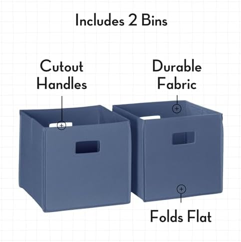 RiverRidge Folding Storage Bins - 2-pack of 10in Tall Slate Blue Cubes | Fabric Bins, Set of 2 Storage Cubes, Cut-out Handles, Playroom Closet Organizer, Collapsible Cubby with Bottom Board Insert