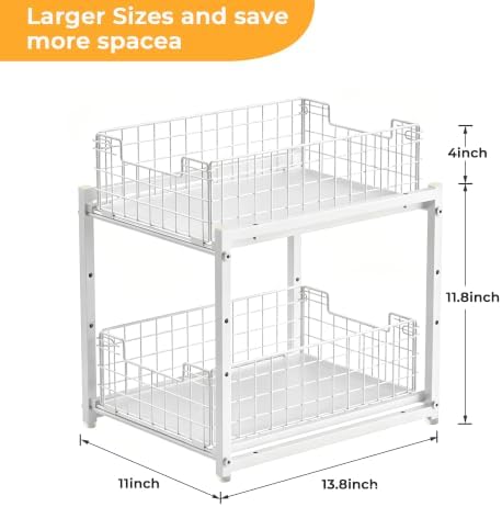 Under Sink Organizer, White 2-Tier Pull Out Cabinet Organizer | Kitchen Bathroom Organizer and Storage, Spice Rack for Kitchen, Multi-use Sliding Drawers Shelves, 2 Pack