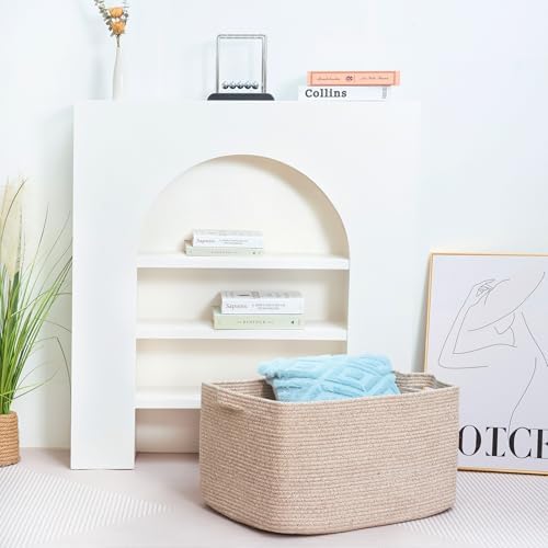 MINTWOOD Design 22in Extra Large Blanket Basket Holder Living Room, Rectangle Rope Woven Storage Basket with Handles for Laundry, Pool Towels, and Shoes, Dog Toy Organizer Bin Box, Oatmeal Brown