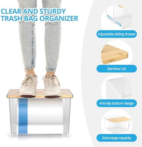 Trash Bag Dispenser Roll Holder - Clear Garbage Bag Holder Dispenser with Bamboo Lid and Sliding Drawer Box, Trash Bag Holder for Kitchen, Under Sink, Laundry Room Organization and Storage