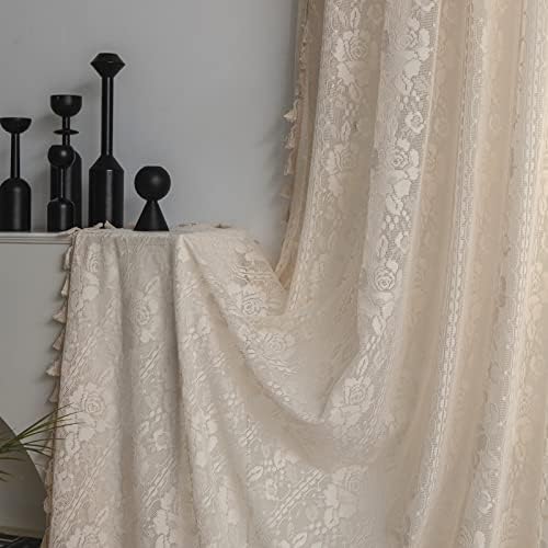 Sutuo Home Beige Boho Curtains for Bedroom Kid's Room,Bohemian Crochet Floral Embroidery Sheer Lace Curtains With Tassels Vintage Rustic Window Treatment Country Drape Rod Pocket 1 Panel 59" W x 90" L