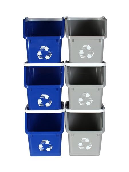 Multi Bin 6 Gallon Stackable Recycle Bins, Trash Can Kitchen Recycling Set | Recycling containers stackable design that saves floor space, while open-front bins with ergonomic handles ensure quick