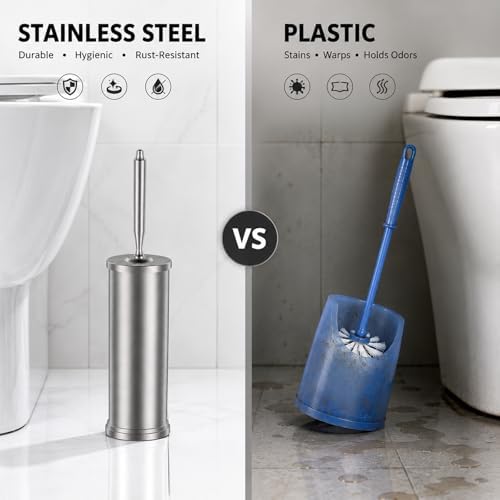 Stainless Steel Toilet Bowl Brush and Holder Set Scrubber Nickel | Weighted Stable Base Removable Inner Tube Toilet Bowl Brush Splash-Proof Design for Deep Cleaning Space Saving Storage
