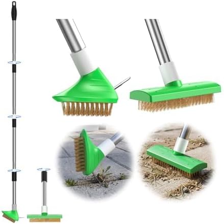3-in-1 Crack Weeder Tool with Wire Brush & Scraper, Adjustable Long Handle | Moss Remover with Wire Brush & Scraper, Stainless Steel Crevice Weeding Puller for Sidewalk, Driveway, Patio, Pavers, Garden
