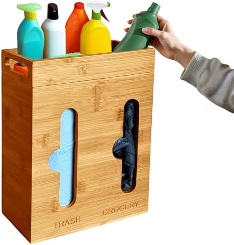 Under Sink Organizer for Kitchen Cabinet - Bamboo Trash Bag Dispenser & Bag Holder – Pantry Organizer & Garbage Roll Holder for Cleaning Supplies, Apartment Essentials & Home Organization