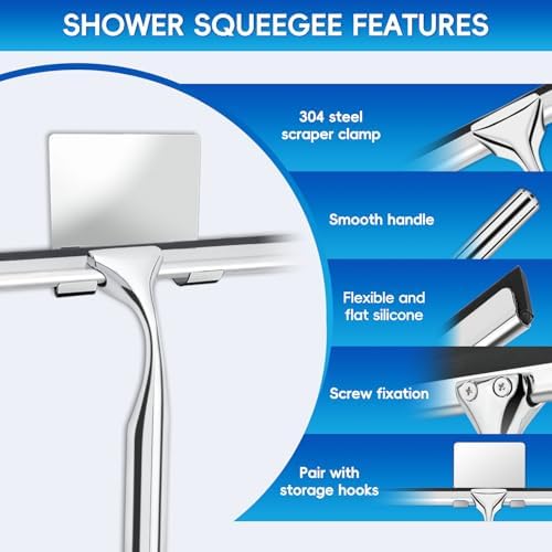 10 Inch Stainless Steel Shower Squeegee with Hook for Glass, Mirror | Durable wiper suitable for shower walls, shower doors and car window cleaning