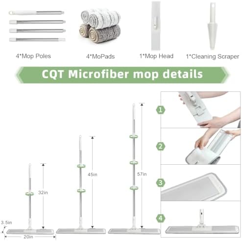 CQT Commercial Flat Microfiber Floor Mop Cleaning System 20" Wet Dry and Dust Hardwood with 4 Washable Pads Cleaner for Laminate Tile Stainless Steel Handle and Extension (PT15 New)