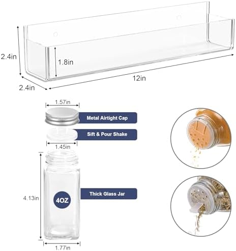 PMMASTO 2-Pack Clear Acrylic Self-Adhesive Spice Racks with 12 Empty Jars | Self-adhesive or Screw Mounting, 238 Spice Labels, Chalk Marker and Funnel, for Kitchen,Pantry Door And Bathroom Storage
