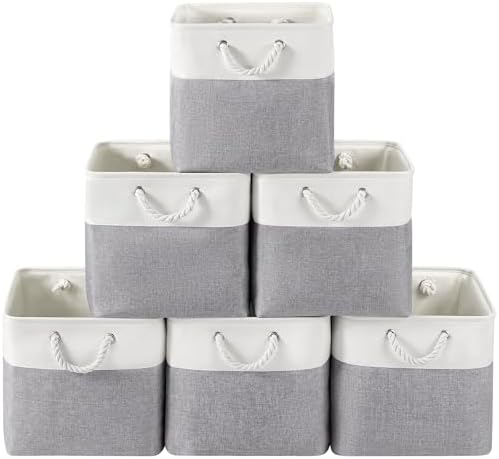 13x13 Inch Foldable Fabric Cube Storage Bins with Handles 6 Pack | Sturdy Metal Strand, Cardboard Support Molding, Storage Basket, Cube Storage Bin for Shelves, Closet, Bedroom, White/Gray